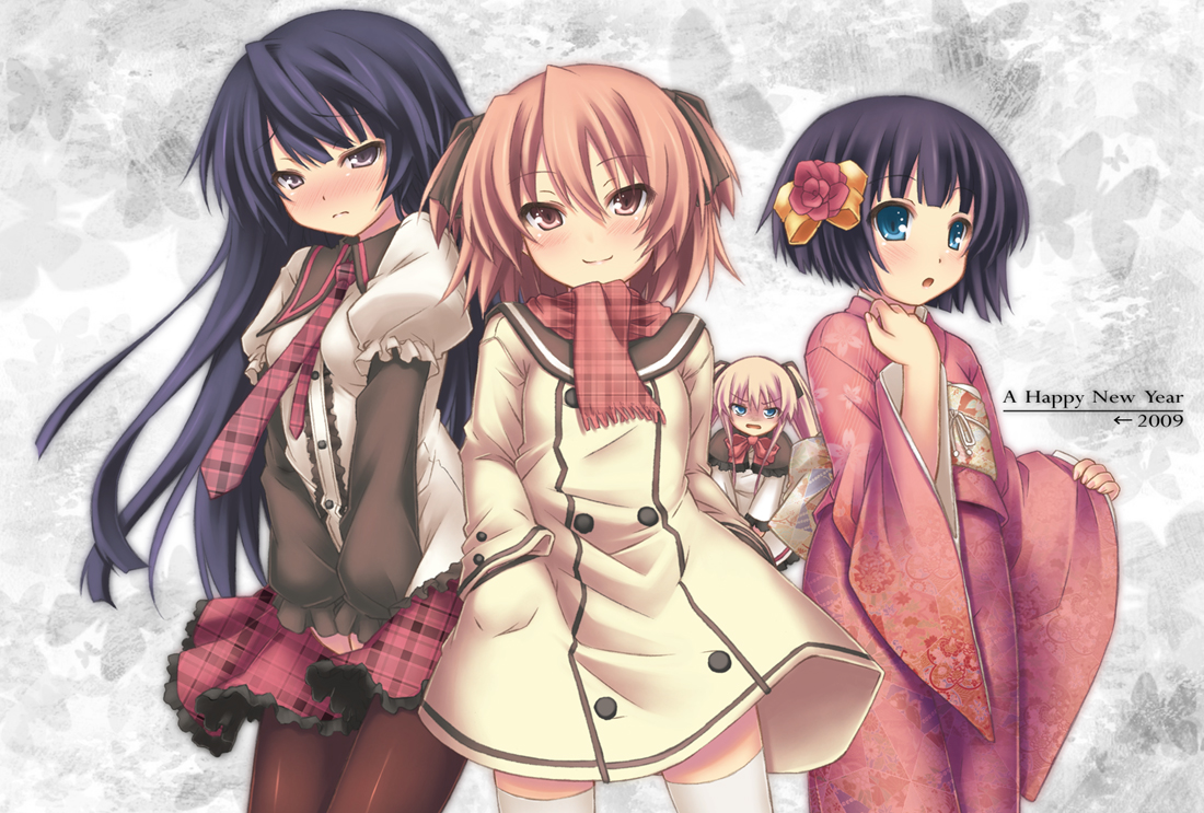 ryo (botugo), matsuri (ryo), raise (ryo), tomoyo (ryo), original, 00s, 2009, 4girls, aqua eyes, blonde hair, blue hair, blush, bow, brown eyes, brown hair, fairy, flower, hair bow, hair flower, hair ornament, hair ribbon, japanese clothes, kimono, long hair, mini person, minigirl, multiple girls, necktie, new year, pantyhose, ribbon, scarf, short hair, short twintails, skirt, smile, thighhighs, twintails, two side up, white thighhighs
