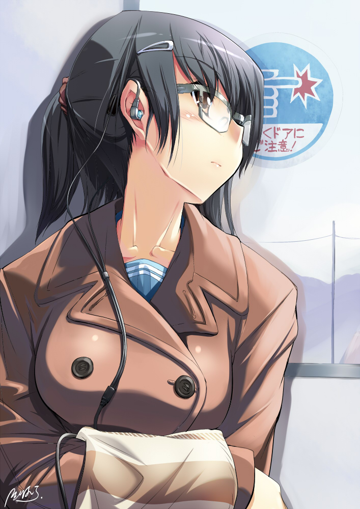 sorimura youji, bad id, bad pixiv id, black hair, blush, earphones, glasses, hair ornament, hairclip, solo