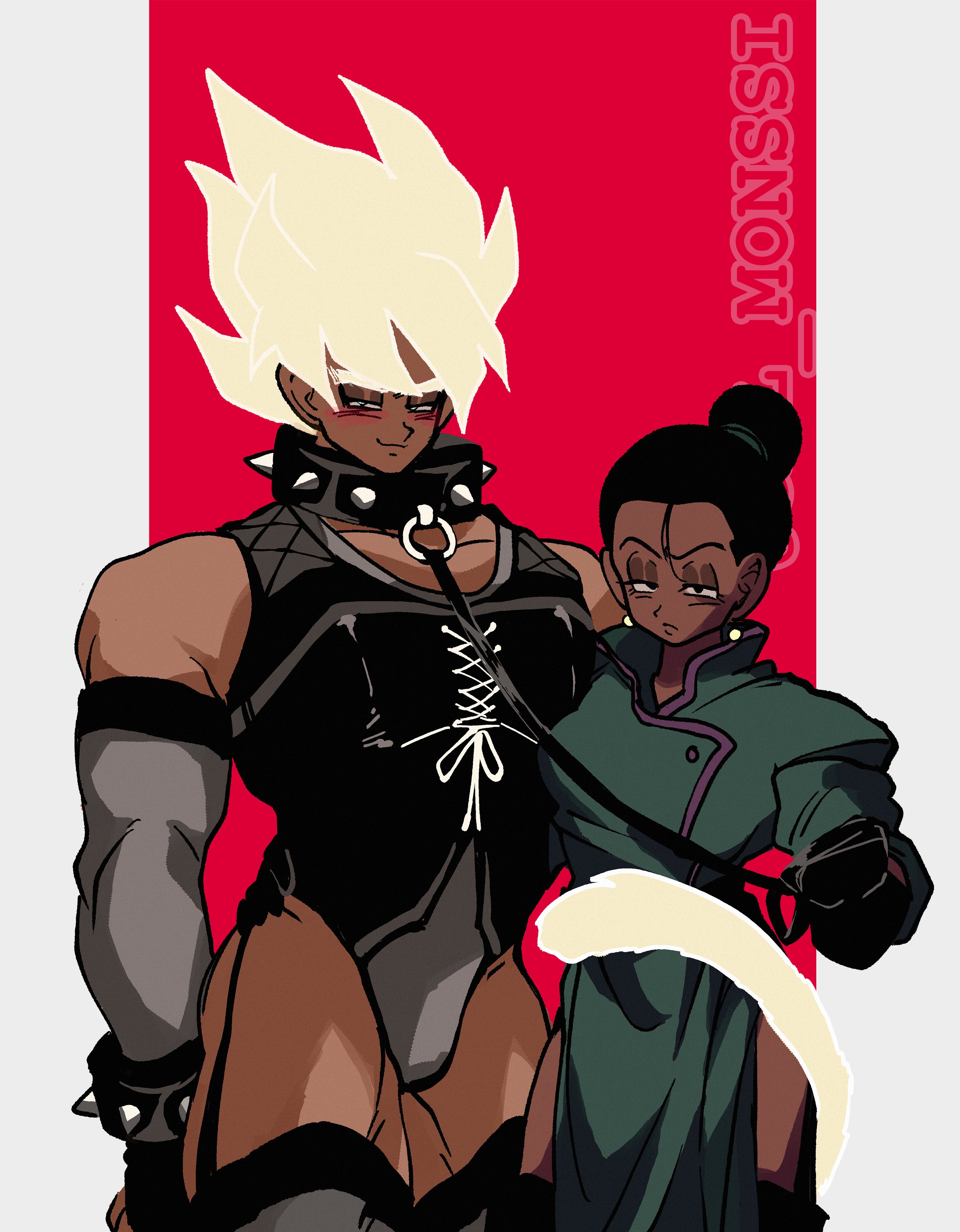 cal monssi, chi-chi (dragon ball), son goku, dragon ball, dragonball z, absurdres, highres, 1boy, 1girl, alternate costume, alternate skin color, aqua pupils, artist name, assertive female, black bodysuit, black gloves, blonde hair, blush, bodysuit, bracelet, breasts, coat, collar, cross-laced clothes, dark-skinned female, dark skin, earrings, gloves, gold earrings, gold tail, green coat, green hairband, grey sleeves, hair bun, hairband, hand on another's waist, holding, holding leash, husband and wife, jewelry, leash, leggings, looking at viewer, loose hair strand, lowered eyelids, mandarin collar, muscular, muscular male, outline, purple trim, sleeveless, sleeveless bodysuit, smile, spiked bracelet, spiked collar, spikes, super saiyan, tail, tail around another's waist, thighs, two-tone background, white outline