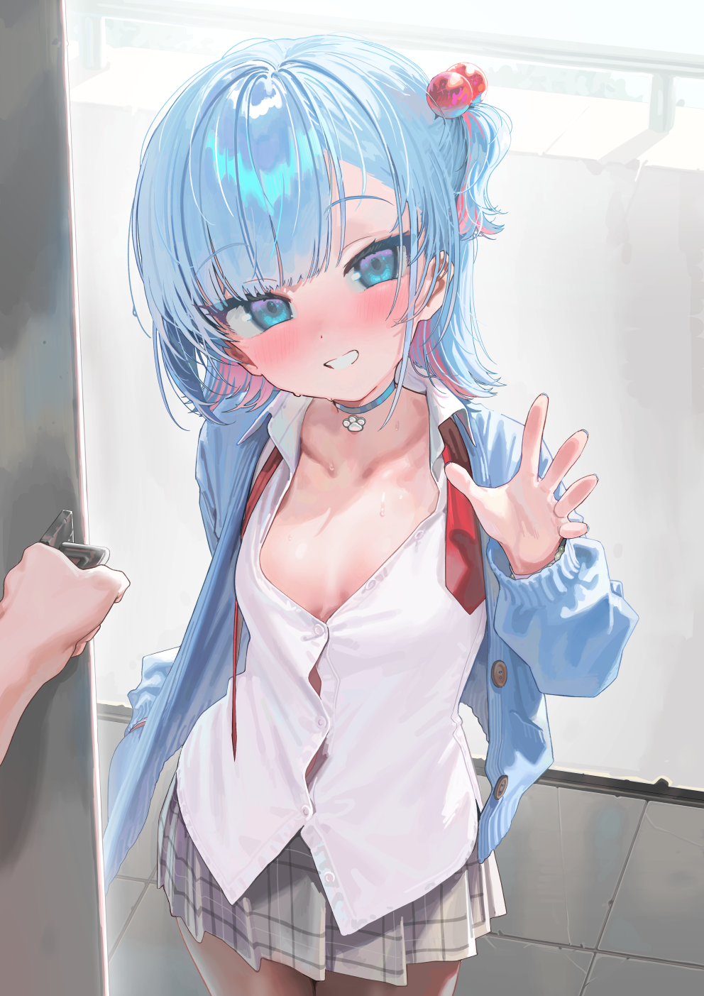 kanzarin, kanzarin (vtuber), indie virtual youtuber, commentary, highres, 1girl, blue cardigan, blue choker, blue hair, breasts, button gap, cardigan, choker, cleavage, collared shirt, colored inner hair, grey skirt, hand in pocket, looking at viewer, miniskirt, multicolored hair, necktie, one side up, pink hair, pleated skirt, pov, pov hands, school uniform, shirt, short hair, skirt, small breasts, streaked hair, undone necktie, virtual youtuber, waving, white shirt