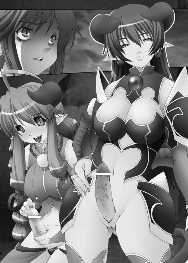 astaroth (shinrabanshou), pink bloom miyabi, shinrabanshou, artist request, 2futa, black sclera, breasts, censored, colored sclera, demon, demon girl, futanari, greyscale, horns, large breasts, monochrome, multiple futa, penis, pointless censoring, pointy ears, saliva, tail, tongue