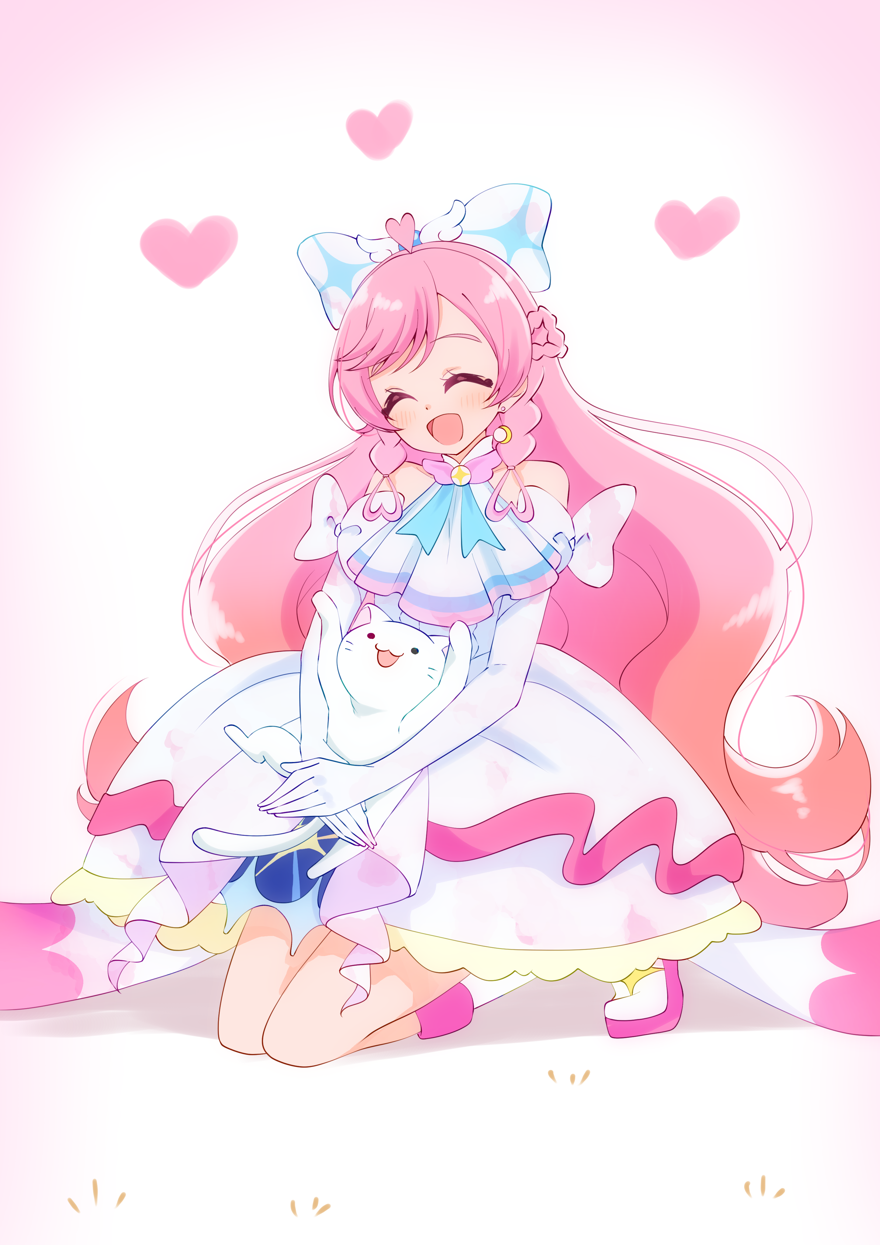 sugimura mickey, cure prism, nijigaoka mashiro, hirogaru sky! precure, precure, absurdres, commentary, highres, 1girl, animal, ascot, boots, bow, braid, brooch, cat, closed eyes, crown braid, dress, earrings, elbow gloves, facing viewer, full body, glove bow, gloves, hair bow, heart, holding, holding animal, jewelry, knee boots, kneeling, layered dress, long hair, magical girl, medium dress, open mouth, pink hair, side braids, smile, solo, very long hair, white ascot, white boots, white bow, white cat, white dress, white gloves, wing brooch