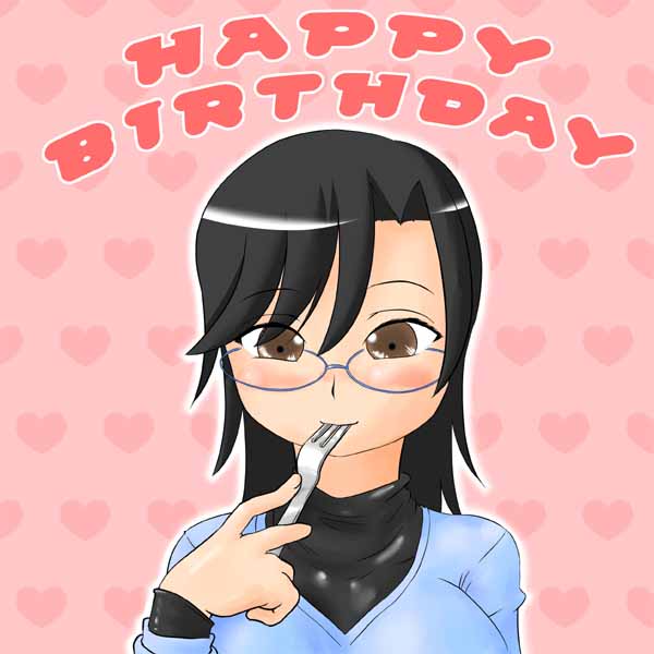 ruruka, harada chie, my-hime, bad id, bad pixiv id, jpeg artifacts, 00s, black hair, blush, fork, glasses, happy birthday, heart, short hair, solo