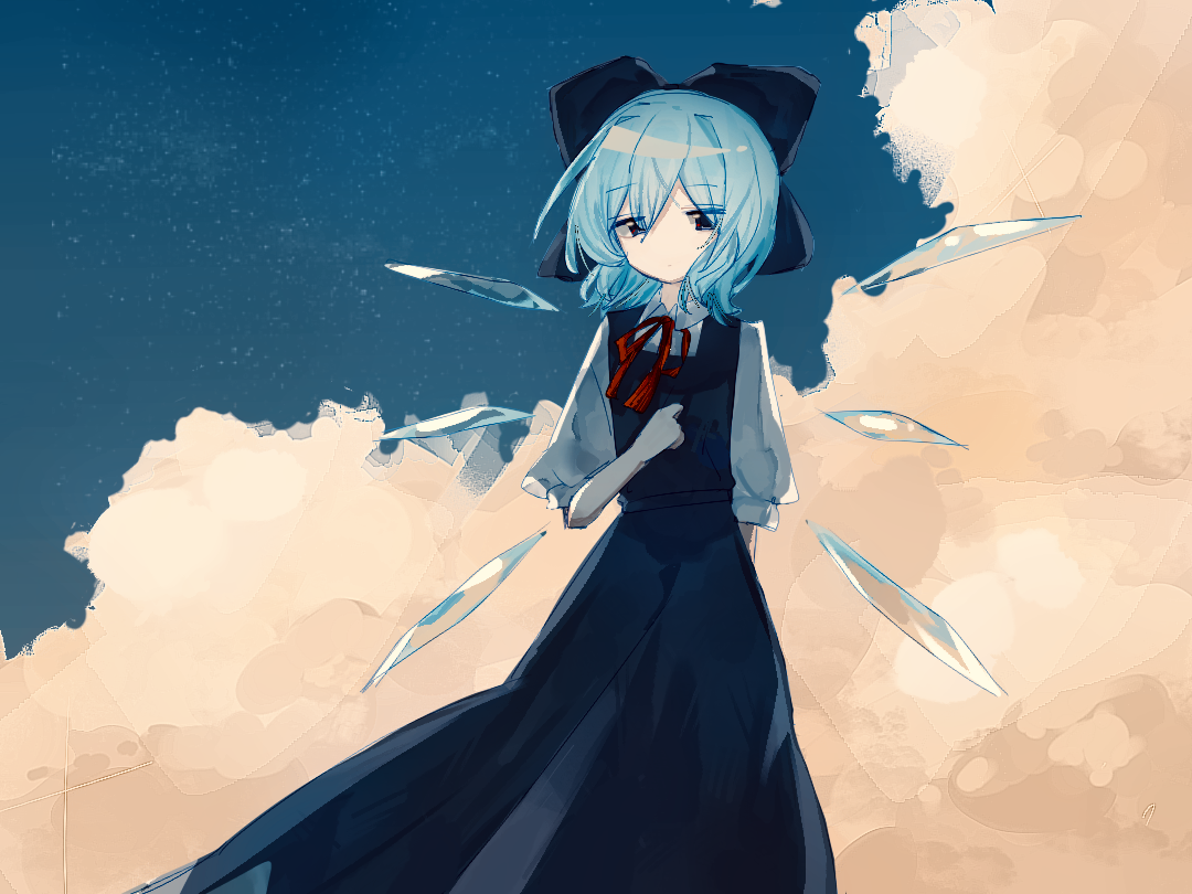cirno, touhou, commentary, 1girl, blue bow, blue dress, blue hair, blue sky, bow, cloud, dress, expressionless, fairy, hair bow, ice, ice wings, looking at viewer, multiple wings, neck ribbon, outdoors, pinafore dress, red ribbon, ribbon, shirt, sky, sleeveless, sleeveless dress, solo, user jcyz3482, white shirt, wings