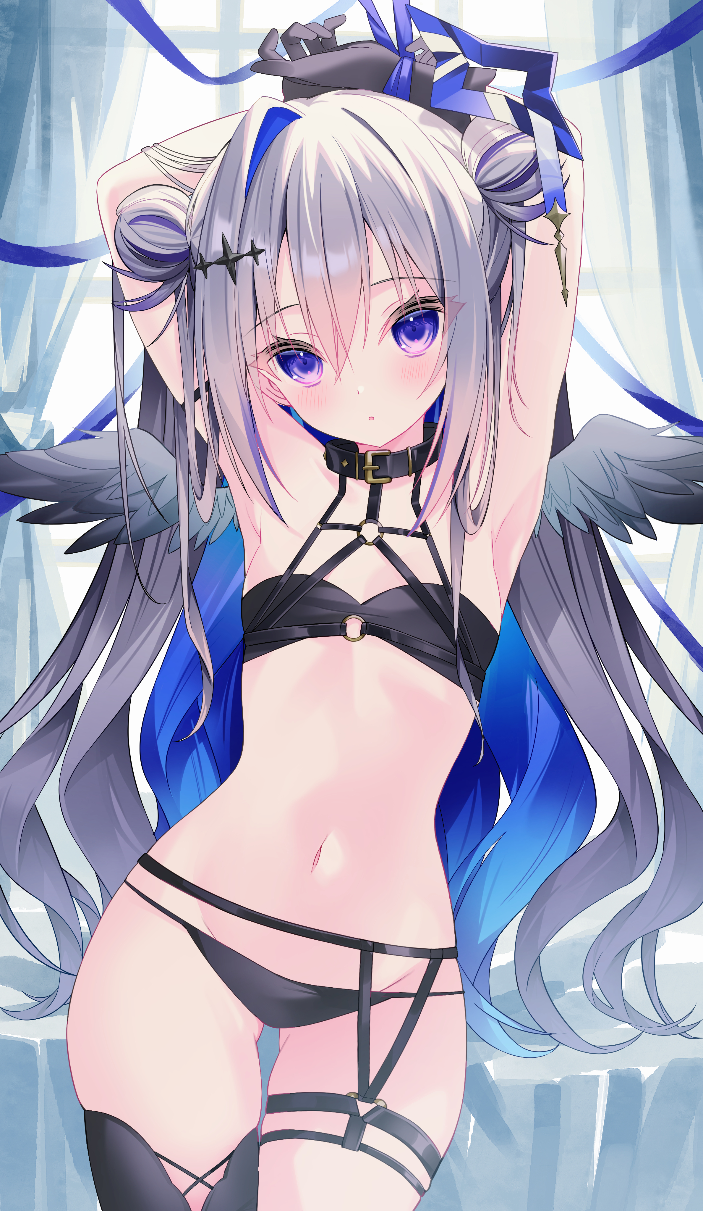 ureinnn, amane kanata, hololive, absurdres, commentary, english commentary, highres, 1girl, armpits, arms up, bikini, black bikini, black collar, black gloves, black thighhighs, blue hair, bound, bound wrists, chest harness, collar, colored inner hair, double-parted bangs, double bun, feathered wings, flat chest, garter straps, gloves, gluteal fold, gradient wings, grey hair, grey wings, hair between eyes, hair bun, halo, harness, long hair, looking at viewer, mini wings, multicolored hair, multicolored wings, navel, o-ring, o-ring harness, o-ring top, open mouth, purple eyes, single garter strap, single hair intake, single thighhigh, solo, star halo, stomach, streaked hair, swimsuit, thigh strap, thighhighs, tilted halo, very long hair, virtual youtuber, wings