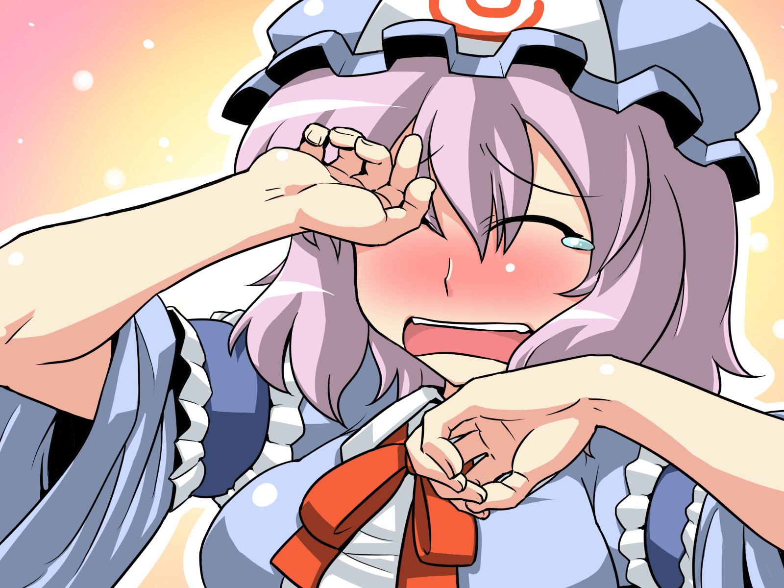 tukiwani, saigyouji yuyuko, touhou, commentary, highres, 1girl, blush, closed eyes, female focus, hat, japanese clothes, kimono, ribbon, tears