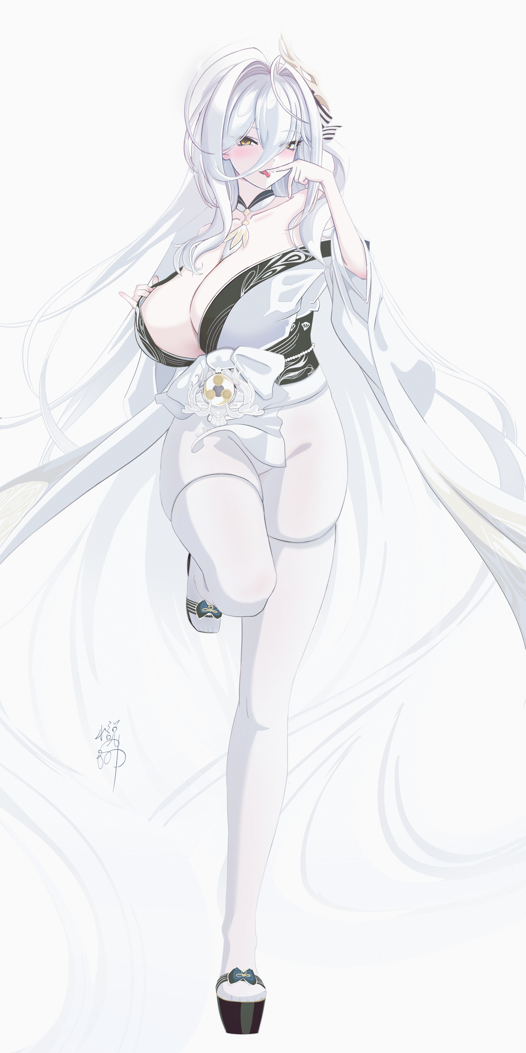 mononokeotoko01, hakuhou (azur lane), azur lane, absurdres, highres, 1girl, breasts, collar, collarbone, detached collar, japanese clothes, kimono, large breasts, signature, simple background, solo, tongue, tongue out, white background, white collar, white hair, white kimono, yellow eyes
