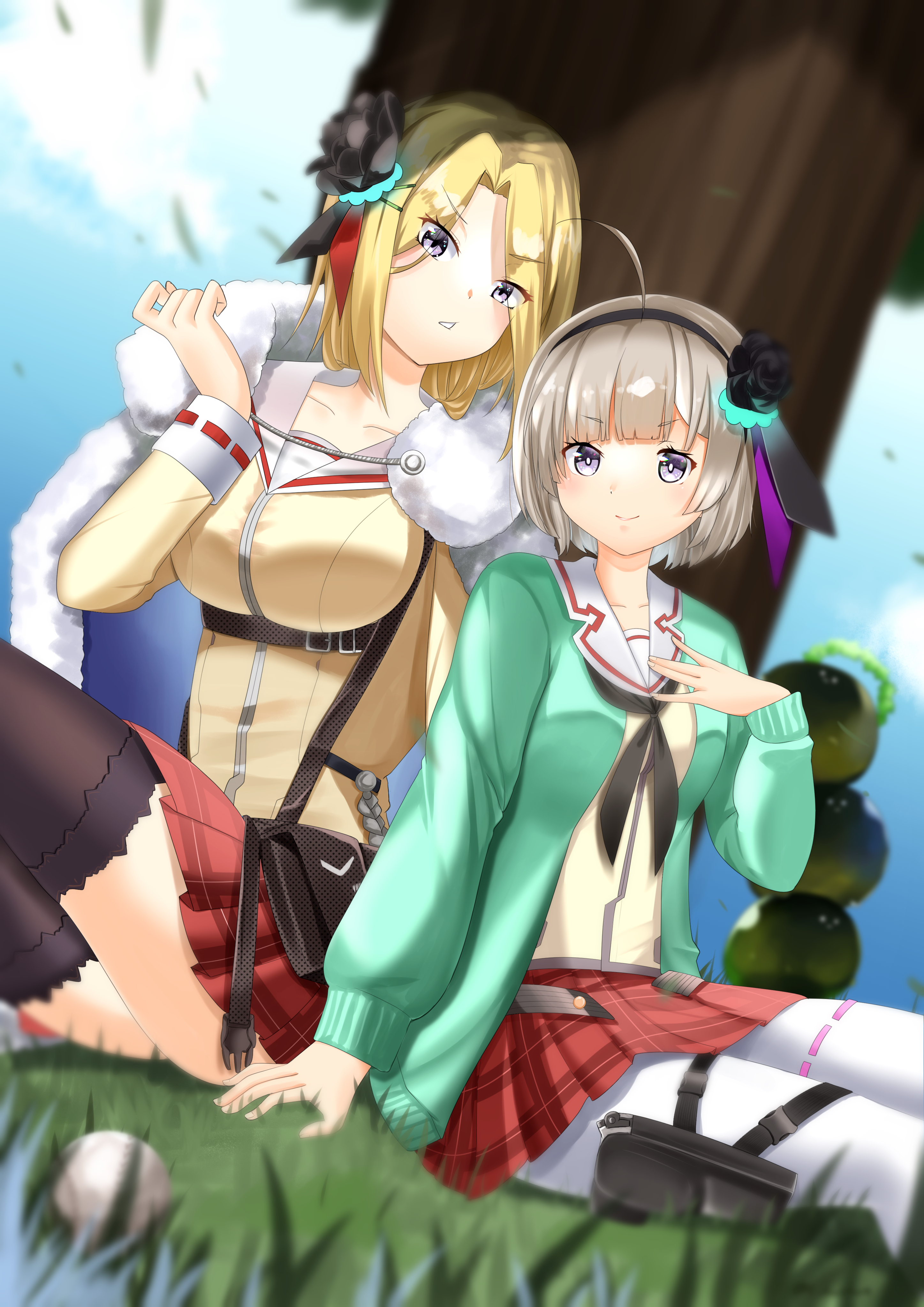 t kutkut, minase ichigo, minase sumomo, heaven burns red, absurdres, highres, 2girls, ahoge, bag, black flower, black hairband, black rose, blonde hair, breasts, cape, cardigan, closed mouth, day, flower, fur-trimmed cape, fur trim, grass, green cardigan, grey hair, hair flower, hair ornament, hairband, holster, jacket, large breasts, long sleeves, looking at viewer, miniskirt, multiple girls, narby (heaven burns red), neckerchief, on grass, outdoors, pantyhose, parted lips, plaid clothes, plaid skirt, pleated skirt, purple eyes, red skirt, rose, sailor collar, school uniform, serafuku, shirt, short hair, siblings, sisters, sitting, skirt, smile, thighhighs, tree, white pantyhose