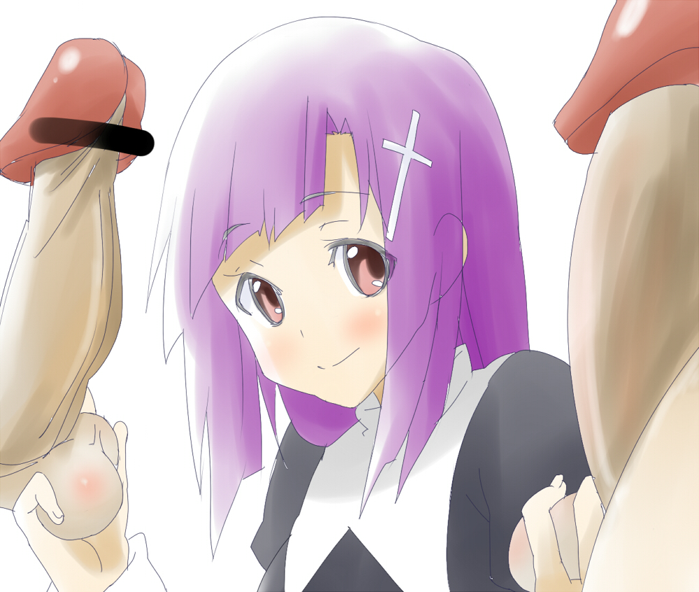 shibasaki, zange, kannagi, 00s, 1girl, caressing testicles, censored, cross, crotch grab, disembodied penis, double handjob, group sex, hair ornament, hairpin, handjob, mmf threesome, penis, purple hair, smile, solo focus, testicles, threesome
