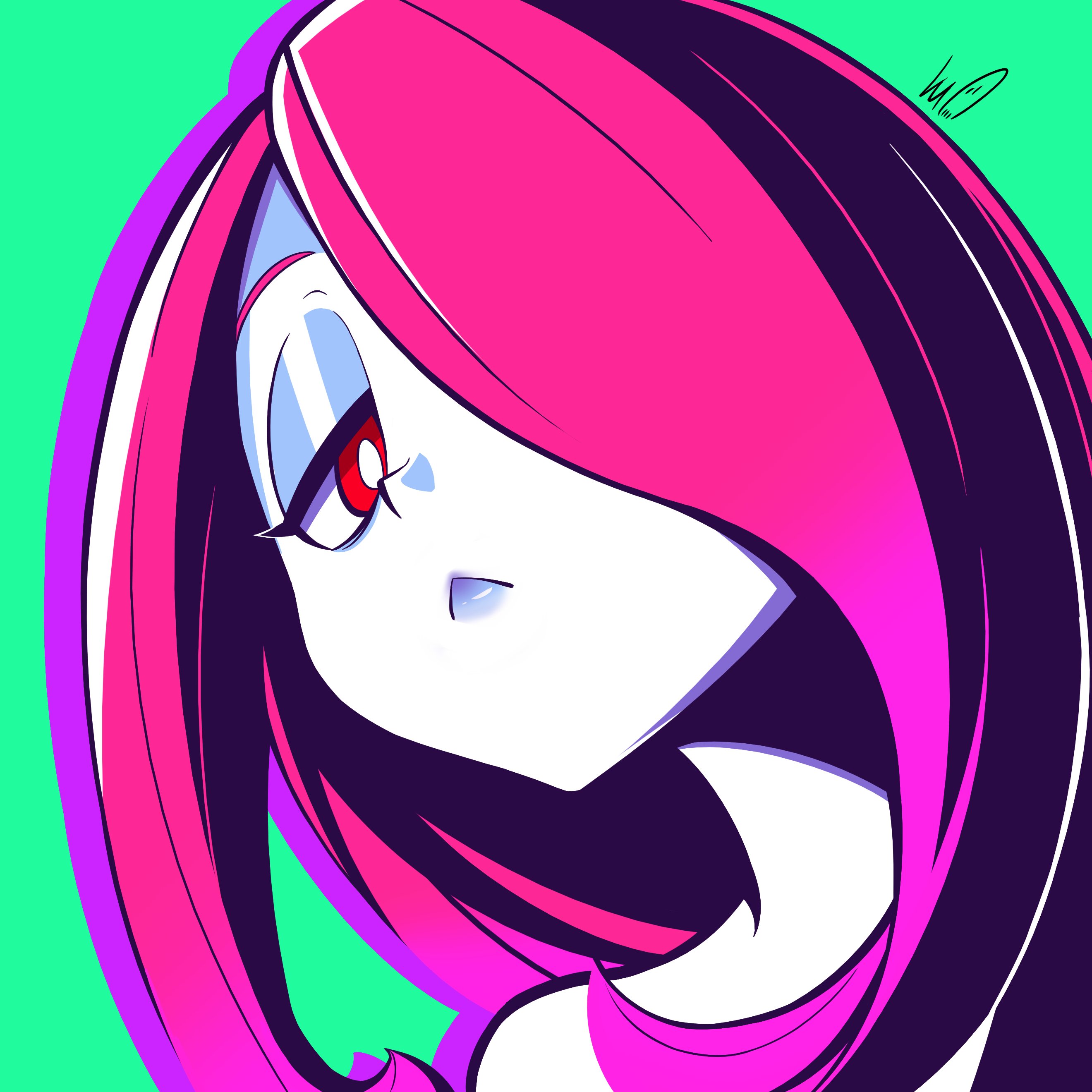 lughost, sucy manbavaran, little witch academia, absurdres, highres, 1girl, :t, closed mouth, green background, hair over one eye, long hair, looking at viewer, pale skin, pink hair, pout, red eyes, simple background, solo, witch