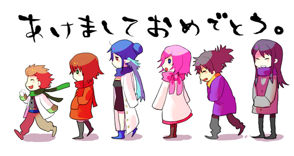 estellise sidos heurassein, judith (tales), karol capel, raven (tales), rita mordio, yuri lowell, tales of (series), tales of vesperia, bad id, bad pixiv id, 00s, 3boys, 3girls, akeome, black hair, happy new year, multiple boys, multiple girls, new year, pink hair, pointy ears, scarf