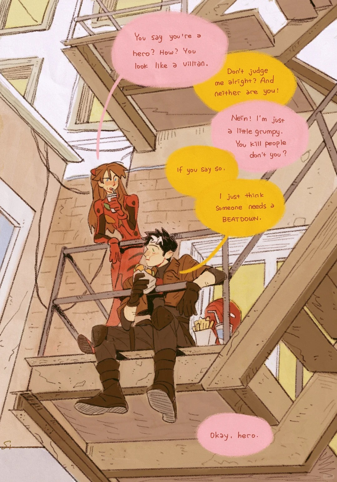 jason todd, red hood (dc), souryuu asuka langley, batman (series), dc comics, neon genesis evangelion, highres, 1boy, 1girl, bat signal, batman symbol, black bodysuit, black gloves, black hair, blue eyes, bodysuit, breasts, brown jacket, crossover, english text, gloves, grey bodysuit, hair between eyes, holding, jacket, long hair, mask, mecha pilot suit, medium breasts, multicolored hair, muscular, muscular male, open mouth, orange hair, pants, plugsuit (evangelion), red bodysuit, red hood and the outlaws, red mask, shawn starr, short hair, superhero costume, taut bodysuit, two-tone bodysuit