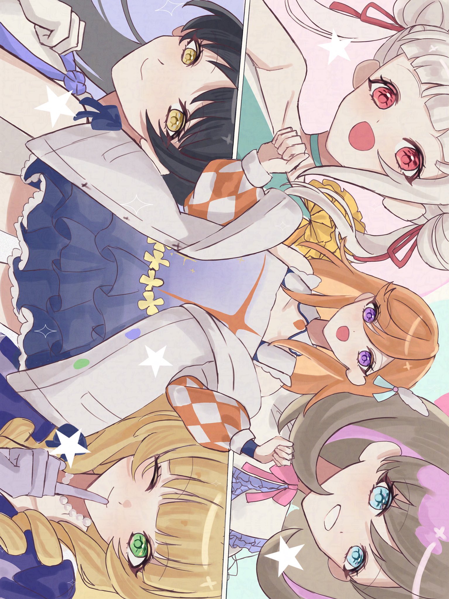 tang keke, love live!, love live! superstar!!, commentary request, highres, 5girls, :d, bare shoulders, black hair, blonde hair, blue dress, blue eyes, blunt bangs, coat, double bun, dress, drill hair, drill sidelocks, frilled dress, frills, gloves, gradient clothes, gradient dress, green eyes, grey hair, grin, hair bun, hajimari wa kimi no sora, liella! first generation, long hair, looking at viewer, minase (r 002 i), multiple girls, nonfiction!! (love live!), open mouth, orange hair, purple dress, purple eyes, purple gloves, red eyes, short dress, sidelocks, sideways, single-shoulder dress, single bare shoulder, single off shoulder, sleeveless, sleeveless dress, smile, tiny stars, tokonatsu sunshine, twintails, white coat, white dress, white hair, wish song (love live!), yellow eyes