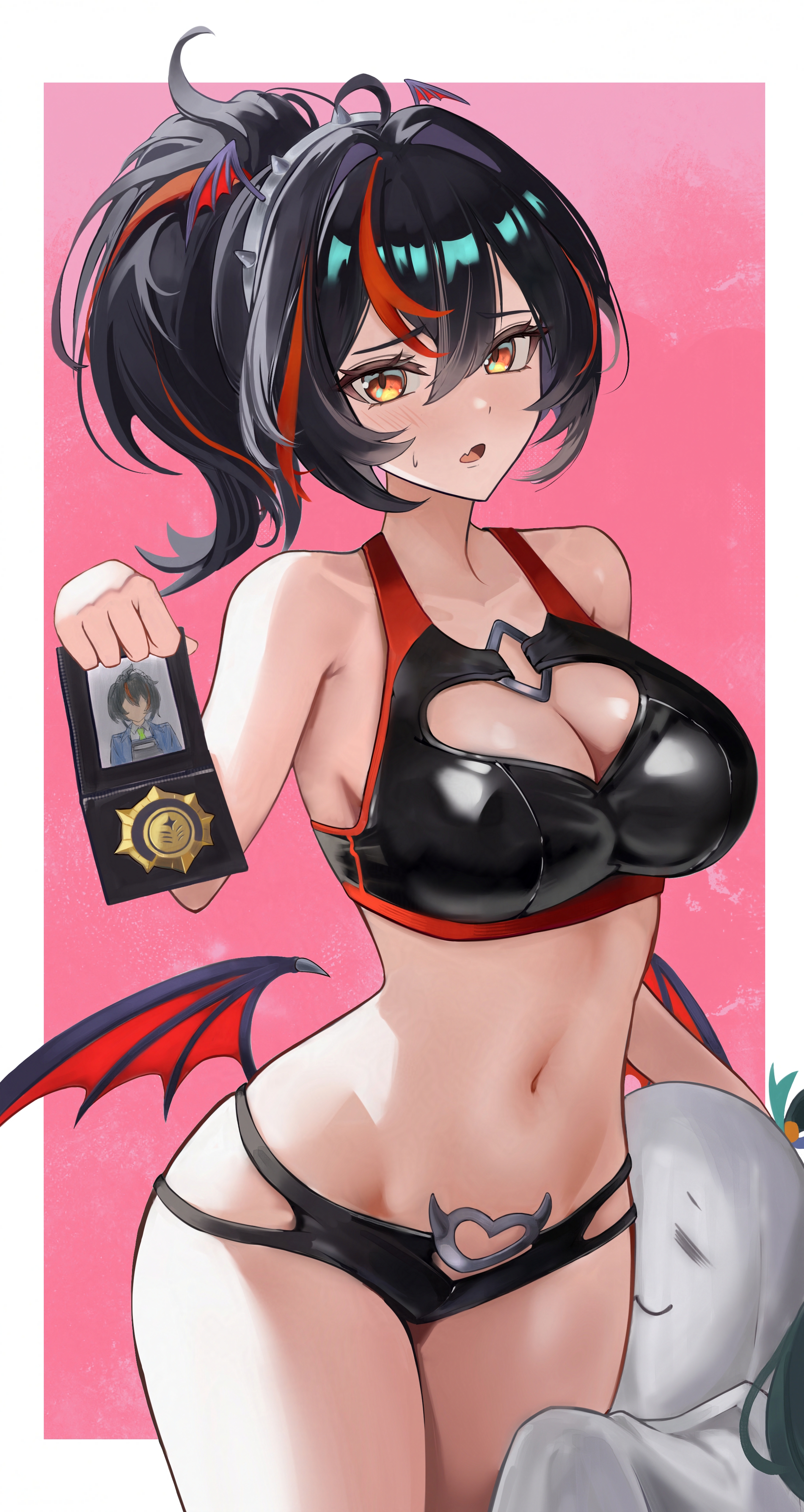 jyn jyn, qingyi (zenless zone zero), zhu yuan, zenless zone zero, absurdres, commentary, highres, 2girls, badge, bikini, black bikini, black hair, border, breasts, cleavage cutout, clothing cutout, demon costume, demon wings, fake wings, ghost costume, green hair, holding badge, large breasts, multicolored hair, multiple girls, navel, orange eyes, photo (object), pink background, police badge, ponytail, red hair, short hair, stomach, streaked hair, sweatdrop, swimsuit, thighs, two-tone hair, white border, wings