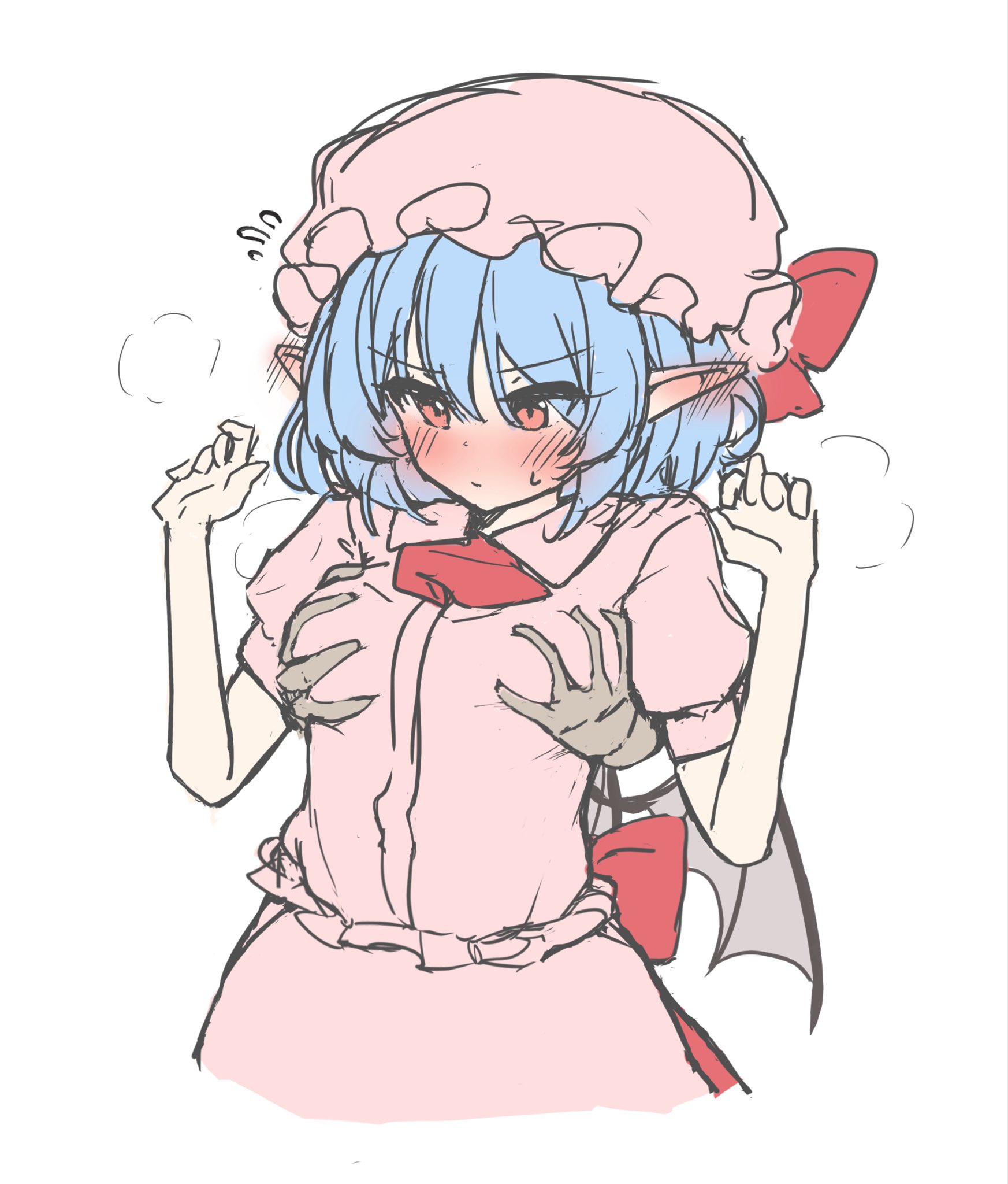 ei tantan, remilia scarlet, touhou, commentary, highres, 1boy, 1girl, bat wings, blue hair, blush, bow, breasts, closed mouth, cropped torso, ear blush, embarrassed, grabbing another's breast, grabbing from behind, groping, hair between eyes, hands up, hat, hat bow, hetero, looking down, mob cap, neckerchief, pointy ears, red bow, red eyes, red neckerchief, short hair, short sleeves, simple background, small breasts, spoken sweatdrop, standing, steam, sweatdrop, white background, wings