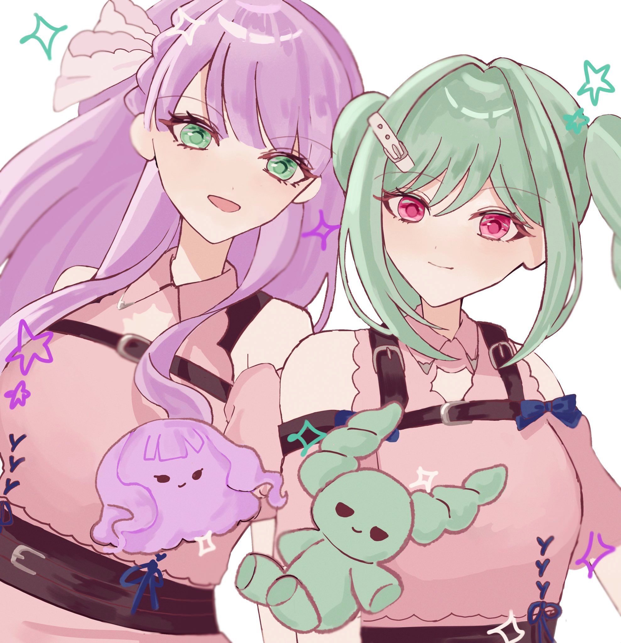 onitsuka tomari, wien margarete, love live!, love live! superstar!!, commentary, highres, 2girls, :d, animalization, aqua hair, aspire (love live!), braid, closed mouth, clothing cutout, collared dress, dog, dolce (love live!), dress, hair intakes, long hair, looking at viewer, lop rabbit, maltese, minase (r 002 i), multiple girls, open mouth, person and animalization, pink dress, purple hair, rabbit, shoulder cutout, sidelocks, simple background, smile, sparkle, star (symbol), twin braids, upper body, white background