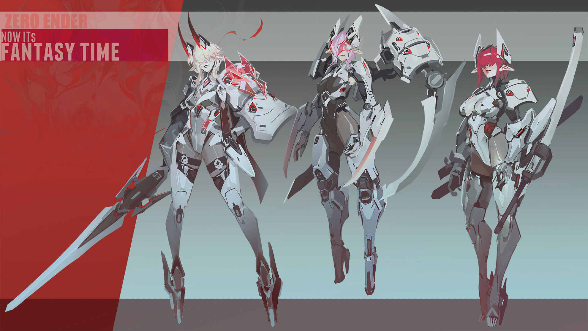 smjim1986, mobile legends: bang bang, highres, 3girls, bodystocking, boots, breasts, high heel boots, high heels, horns, leotard, mecha musume, medium breasts, multiple girls, pink hair, pointy ears, red hair, red horns, simple background, thigh boots, white hair, white leotard, white theme