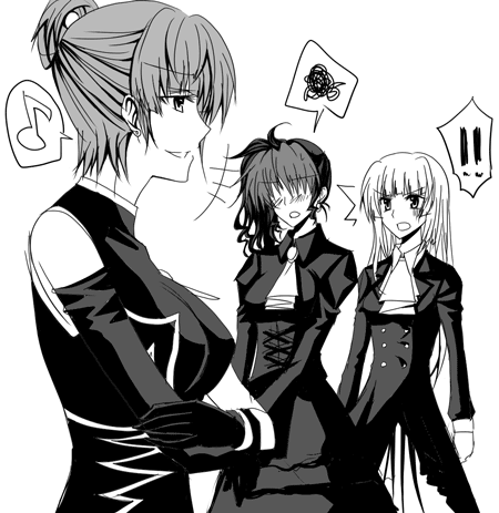 isya, ushiromiya eva, ushiromiya natsuhi, ushiromiya rosa, umineko no naku koro ni, lowres, !, 00s, elbow gloves, gloves, greyscale, monochrome, musical note