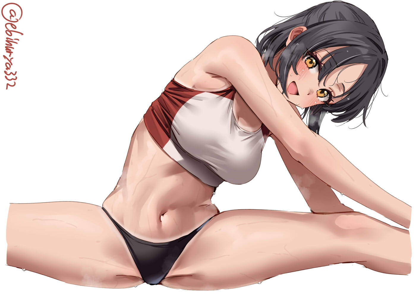ebifurya, nagara (kancolle), kantai collection, commentary request, 1girl, artist name, black hair, black panties, blush, breasts, groin tendon, hair intakes, looking at viewer, medium breasts, medium hair, midriff, navel, one-hour drawing challenge, open mouth, orange eyes, panties, parted bangs, sidelocks, simple background, smile, solo, split, stomach, stretching, sweat, tan, tanline, thighs, twitter username, underwear, white background
