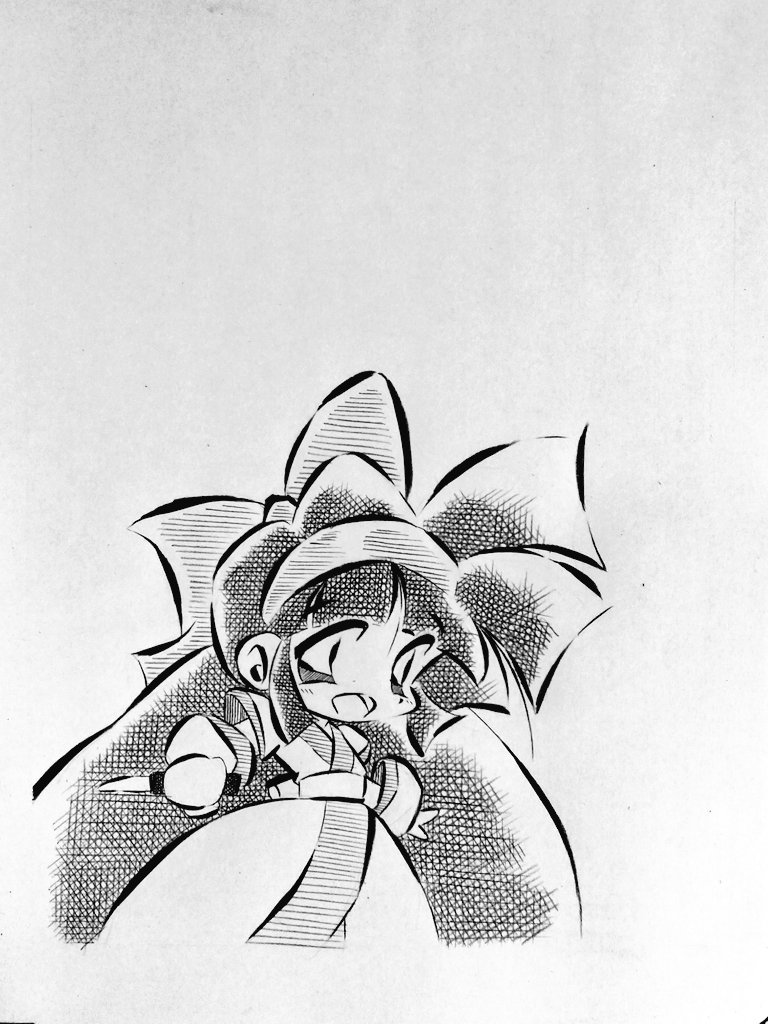 nakoruru, samurai spirits, snk, the king of fighters, highres, traditional media, 1990s (style), 1girl, ainu clothes, black hair, breasts, chibi, fingerless gloves, gloves, hair ribbon, legs, long hair, looking at viewer, monochrome, open mouth, retro artstyle, ribbon, sketch, small breasts, smile, solo, thighs, tongue, weapon