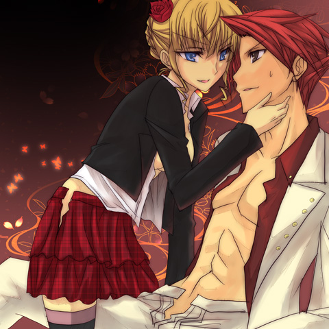 isya, beatrice (umineko), ushiromiya battler, umineko no naku koro ni, lowres, 00s, 1boy, 1girl, abs, blonde hair, femdom, hetero, open clothes, open fly, open shirt, red hair, shirt, thighhighs, unzipped