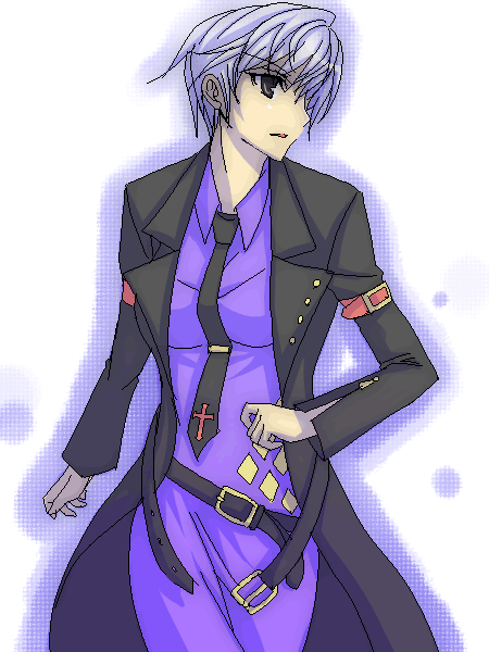 isya, ushiromiya kyrie, umineko no naku koro ni, 00s, 1girl, belt, coat, female focus, grey eyes, necktie, oekaki, short hair, solo, white background, white hair