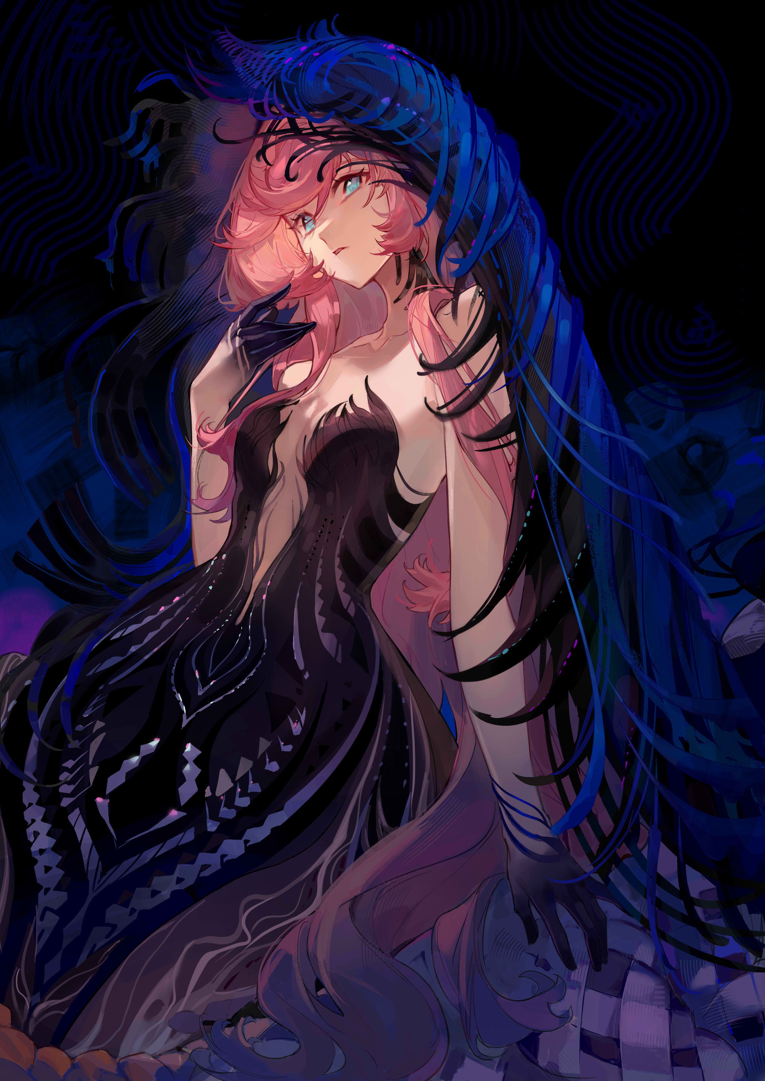 meiyou lizhi, nautika (reverse:1999), reverse:1999, absurdres, highres, 1girl, bare shoulders, black background, black dress, black hands, black veil, blue eyes, blue veil, breasts, colored extremities, dress, hand up, long hair, medium breasts, parted lips, pink hair, plunging neckline, solo, strapless, strapless dress, two-tone veil, upper body, veil, very long hair