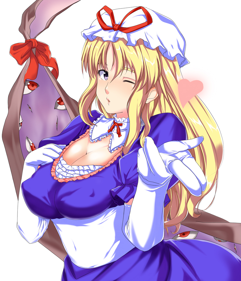 tenpura (tenpura621), yakumo yukari, touhou, bad id, bad pixiv id, 1girl, blonde hair, blowing kiss, breasts, cleavage, covered erect nipples, dress, elbow gloves, female focus, gap (touhou), gloves, hat, heart, large breasts, long hair, one eye closed, purple eyes, solo, white gloves, wink