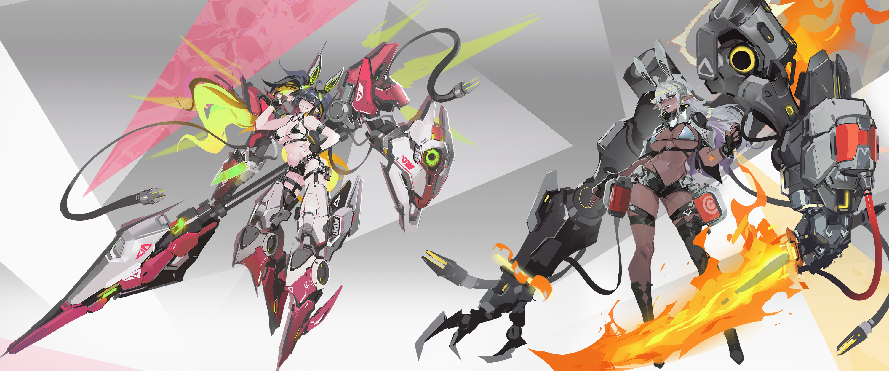 smjim1986, original, highres, 2girls, ahoge, animal ears, asymmetrical footwear, bikini, black bikini, black boots, black gloves, black hair, black shorts, boots, breasts, dark-skinned female, dark elf, dark skin, elf, extra arms, fake animal ears, fingerless gloves, fire, flaming sword, flaming weapon, full body, gloves, grey hair, headgear, holding, holding polearm, holding weapon, large breasts, mechanical arms, mechanical legs, medium breasts, mismatched footwear, multicolored hair, multiple girls, pointy ears, polearm, shorts, single thigh boot, swimsuit, sword, thigh boots, twintails, two-tone hair, weapon, white hair