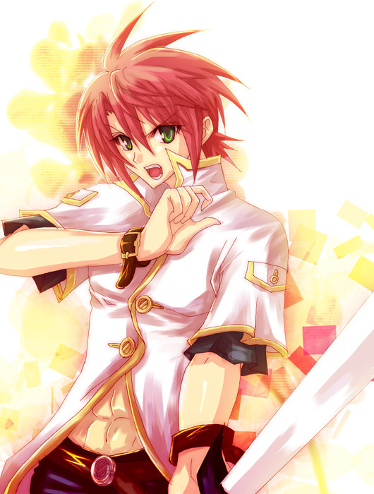 isya, luke fon fabre, tales of (series), tales of the abyss, 00s, 1boy, green eyes, male focus, red hair, solo, sword, weapon