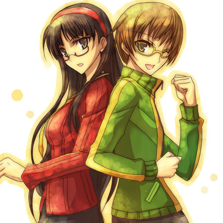 isya, amagi yukiko, satonaka chie, atlus, persona, persona 4, lowres, glasses, hairband, jacket, track jacket