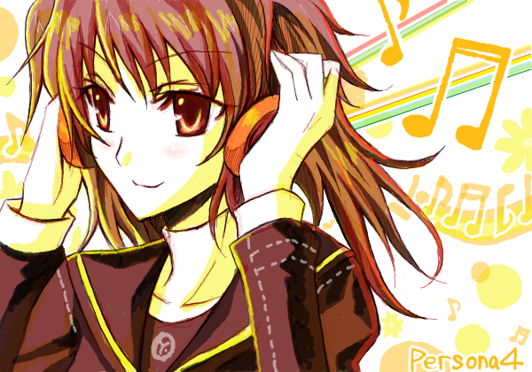 isya, kujikawa rise, atlus, persona, persona 4, 1girl, female focus, hands on headphones, headphones, listening to music, musical note, school uniform, solo