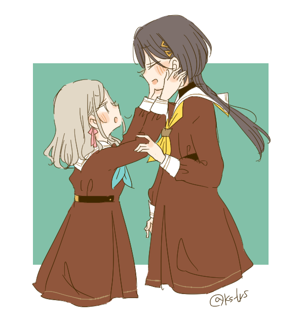 kase (ks lys), ceras yanagida lilienfeld, katsuragi izumi, link! like! love live!, love live!, 2girls, aqua neckerchief, border, brown dress, dress, edel note, green background, grey hair, hair ornament, hair ribbon, hands on another's cheeks, hands on another's face, hasu no sora school uniform, jellyfish cut, long hair, long sleeves, looking at another, medium dress, multiple girls, neckerchief, outside border, pink ribbon, pleated dress, profile, ribbon, sailor collar, sailor dress, school uniform, simple background, triangle hair ornament, virtual youtuber, white border, white sailor collar, winter uniform, yellow neckerchief