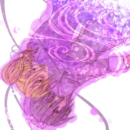 isya, kanon (umineko), ushiromiya jessica, umineko no naku koro ni, lowres, 00s, 1boy, 1girl, black hair, blonde hair, blush, closed eyes, hetero, hug, magic, pink theme, short hair, simple background, upside-down, white background
