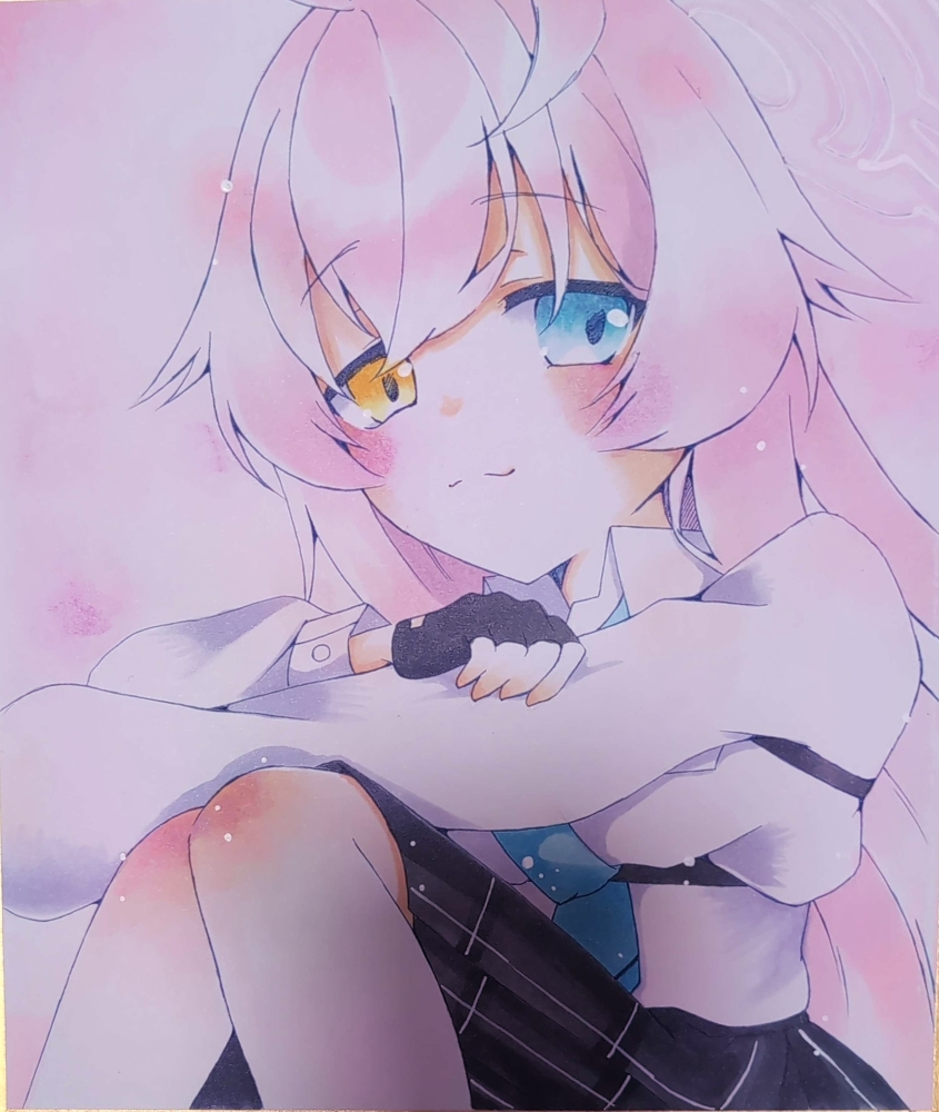 hoshino (blue archive), blue archive, marker (medium), tagme, traditional media, 1girl, :3, ahoge, black gloves, gloves, heterochromia, pink hair, ringi777, school uniform