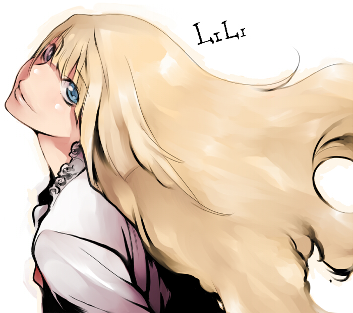 heisa, emilie de rochefort, namco, tekken, tekken 5 (dark resurrection), bad id, bad pixiv id, 1girl, blonde hair, blue eyes, character name, female focus, head tilt, lips, long hair, looking back, smile, solo