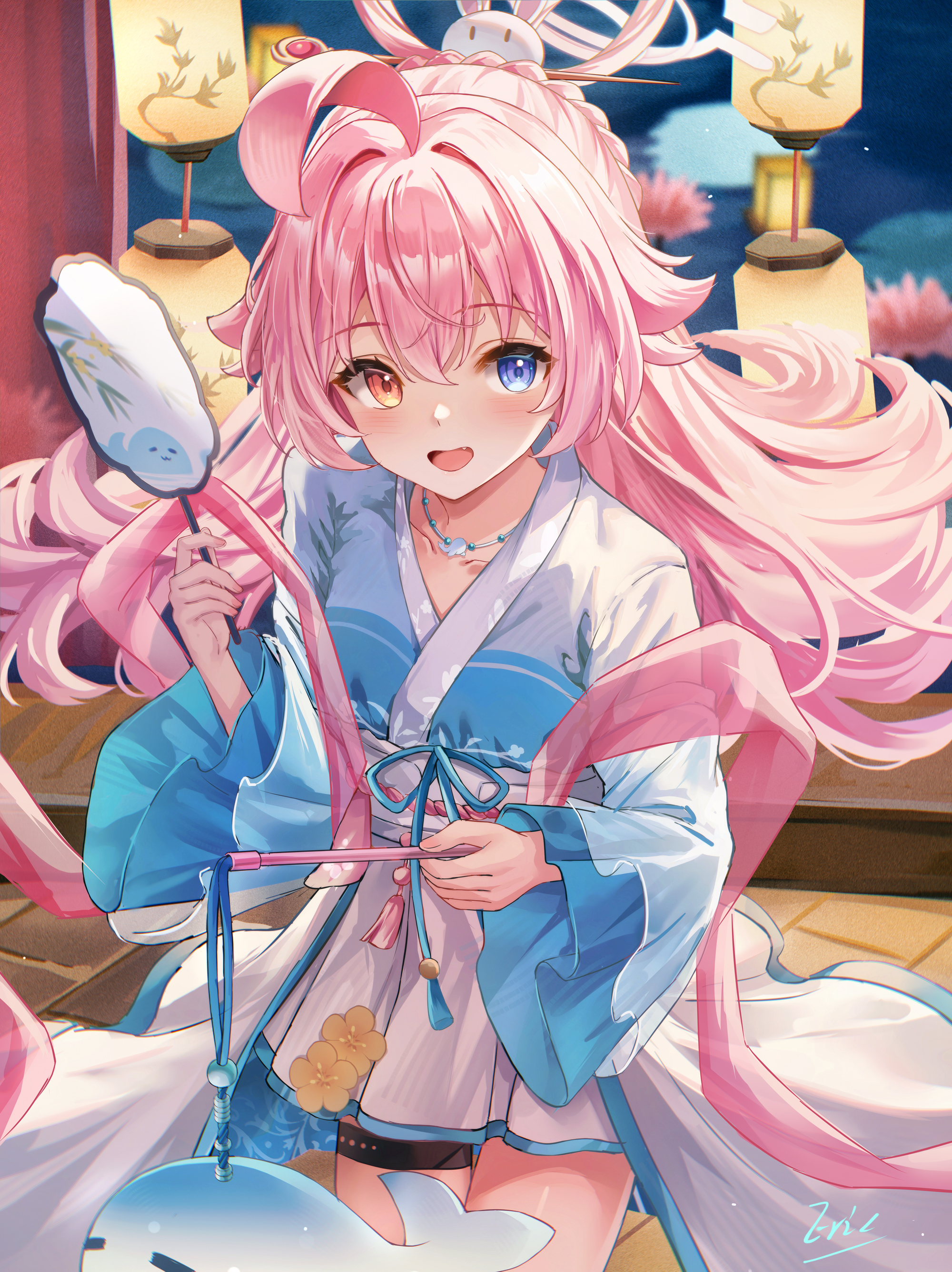 eric (tianqijiang), hoshino (blue archive), blue archive, absurdres, commentary, highres, 1girl, ahoge, artist name, blue eyes, blue kimono, collarbone, fang, floating hair, flower, hair between eyes, hair intakes, hair ornament, hair stick, halo, hand fan, hand up, heterochromia, holding, holding fan, japanese clothes, jewelry, kimono, lantern, light particles, long hair, long sleeves, looking at viewer, necklace, night, obi, obijime, open mouth, pink hair, pink halo, rabbit hair ornament, sash, short kimono, sidelocks, smile, solo, tassel, thigh strap, thighs, very long hair, water, wide sleeves, yellow eyes, yellow flower