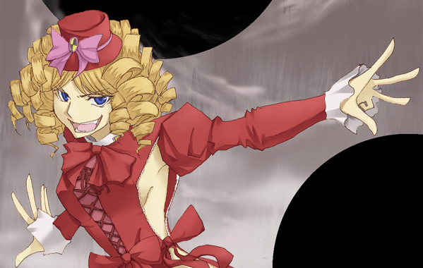 gaap (umineko), umineko no naku koro ni, 00s, 1girl, blonde hair, blue hair, bow, breasts, female focus, frills, hat, mini hat, mini top hat, pink bow, ribbon, ringlets, sideboob, solo, top hat