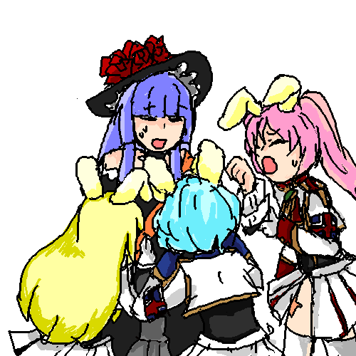 karoru (macmillance), chiester00, chiester410, chiester45, chiester sisters, virgilia (umineko), umineko no naku koro ni, bad id, bad pixiv id, lowres, 00s, 4girls, animal ears, armband, blonde hair, blue hair, closed eyes, gloves, hat, long hair, multiple girls, pink hair, ponytail, rabbit ears, thighhighs