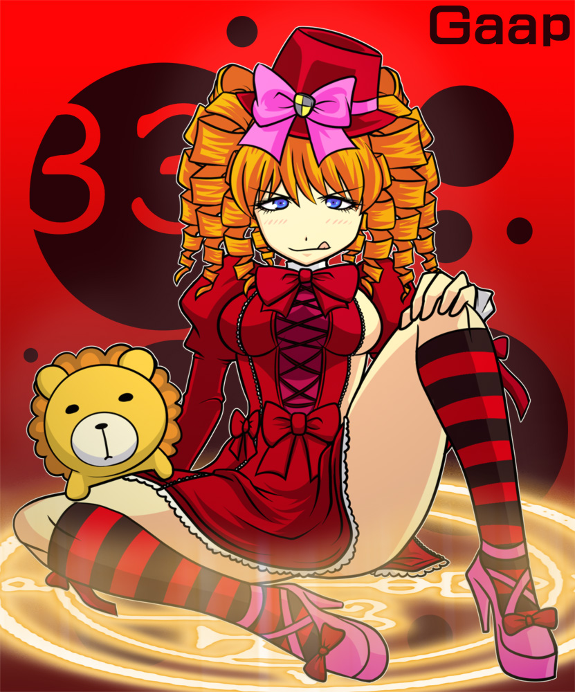 tonda, gaap (umineko), ars goetia, umineko no naku koro ni, 00s, 1girl, :p, blue eyes, bow, character name, dress, drill hair, hat, high heels, kneehighs, magic circle, mini hat, mini top hat, orange hair, pink bow, ribbon, ringlets, shoes, socks, tongue, tongue out, top hat, toy