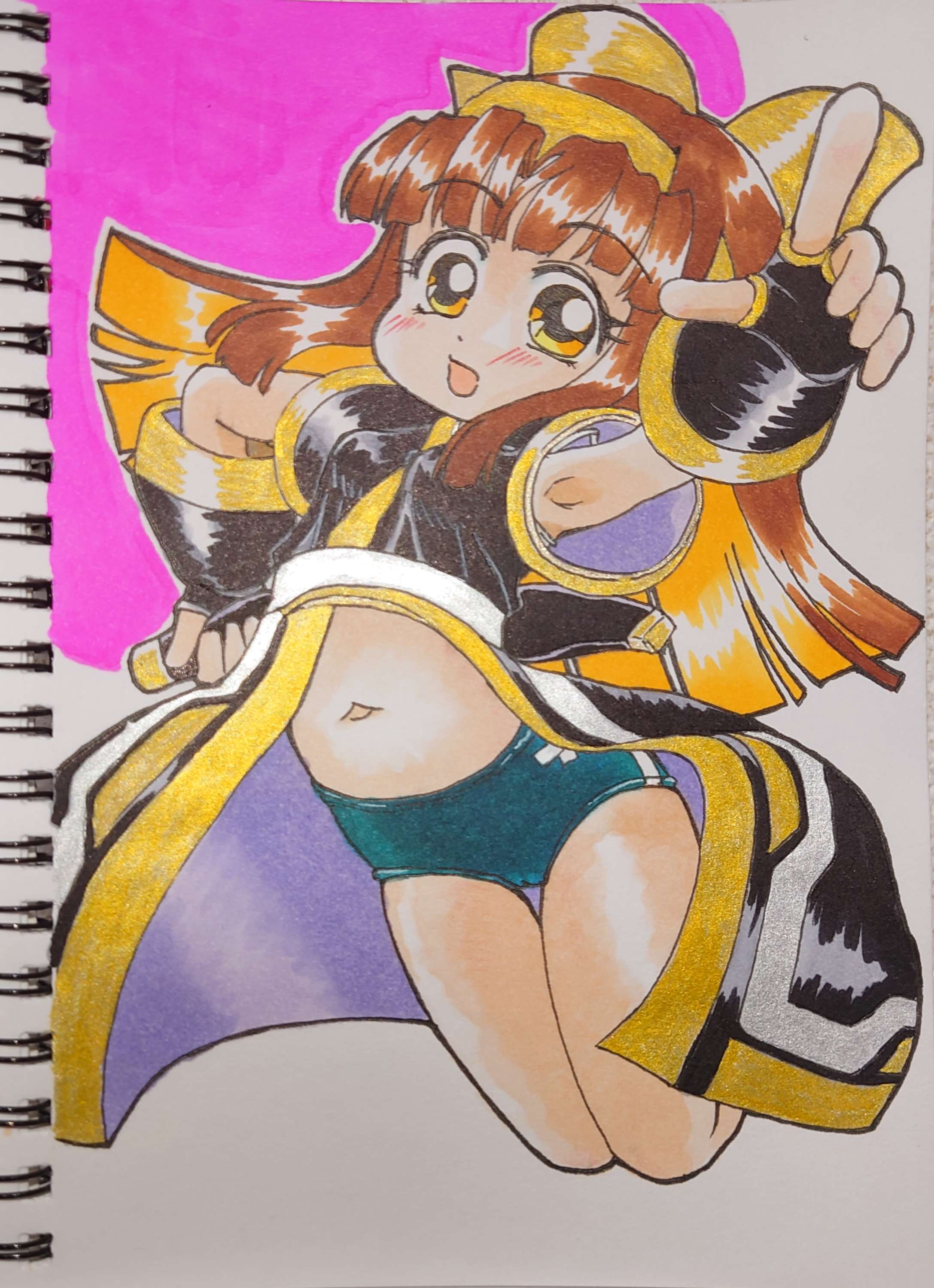 nakoruru, samurai spirits, snk, the king of fighters, highres, traditional media, 1girl, ainu clothes, armpits, brown eyes, brown hair, buruma, clothes lift, fingerless gloves, gloves, index finger raised, legs, long hair, looking at viewer, navel, open mouth, outstretched arm, solo, thighs, tongue, weapon