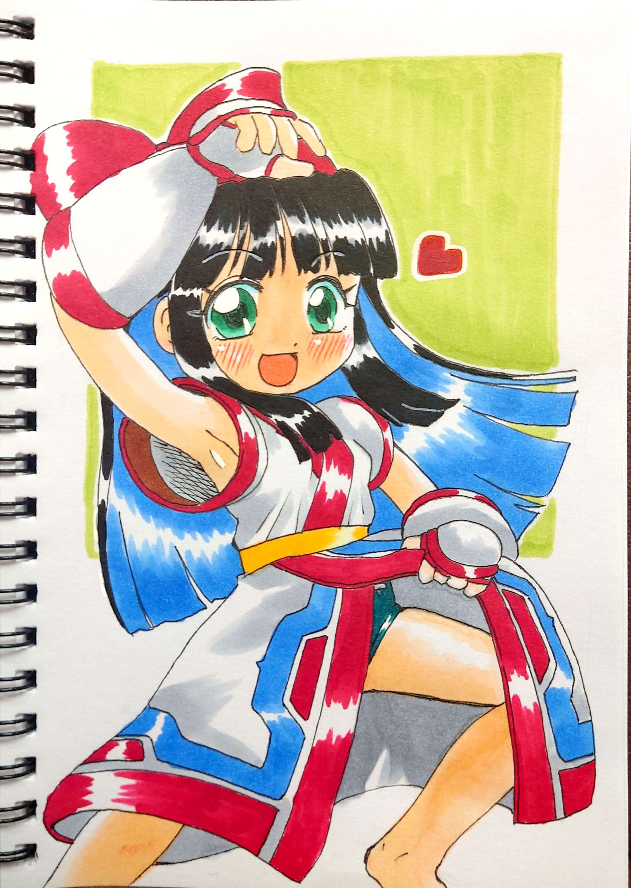 nakoruru, samurai spirits, snk, the king of fighters, traditional media, 1girl, ainu clothes, arm up, armpits, black hair, buruma, feet, fingerless gloves, gloves, green eyes, heart, legs, lifting own clothes, long hair, looking at viewer, open mouth, smile, solo, thighs, tongue, very long hair