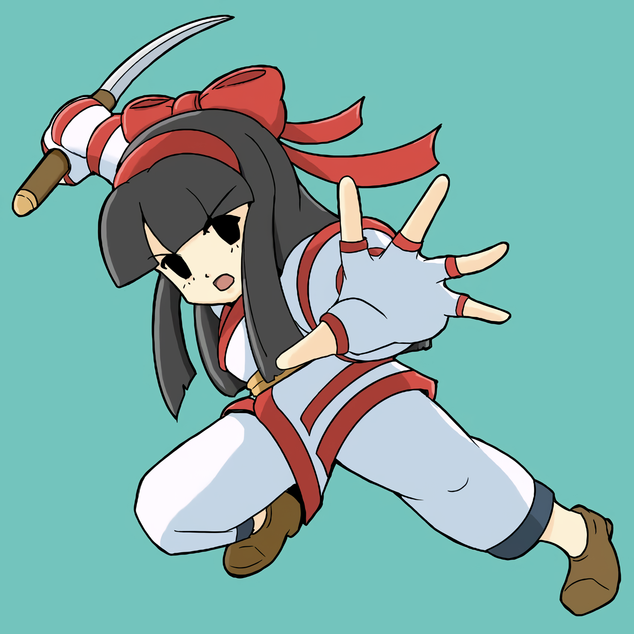 nakoruru, samurai spirits, snk, the king of fighters, highres, 1girl, ainu clothes, arms up, black eyes, black hair, breasts, fighting stance, fingerless gloves, gloves, hair ribbon, legs, long hair, looking at viewer, open mouth, outstretched arm, pants, ribbon, serious, small breasts, solo, squatting, thighs, tongue, weapon