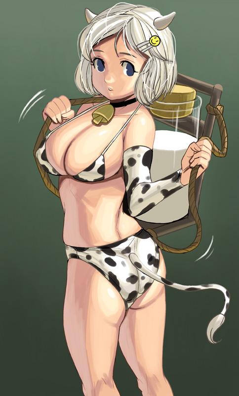 kouno (masao), original, bad id, bad pixiv id, 00s, 1girl, 2009, animal print, ass, bell, bikini, breasts, cleavage, cow girl, cow print, cowbell, detached sleeves, elbow gloves, female focus, gloves, horns, large breasts, looking back, milk, new year, short hair, solo, string bikini, swimsuit, tail, white hair