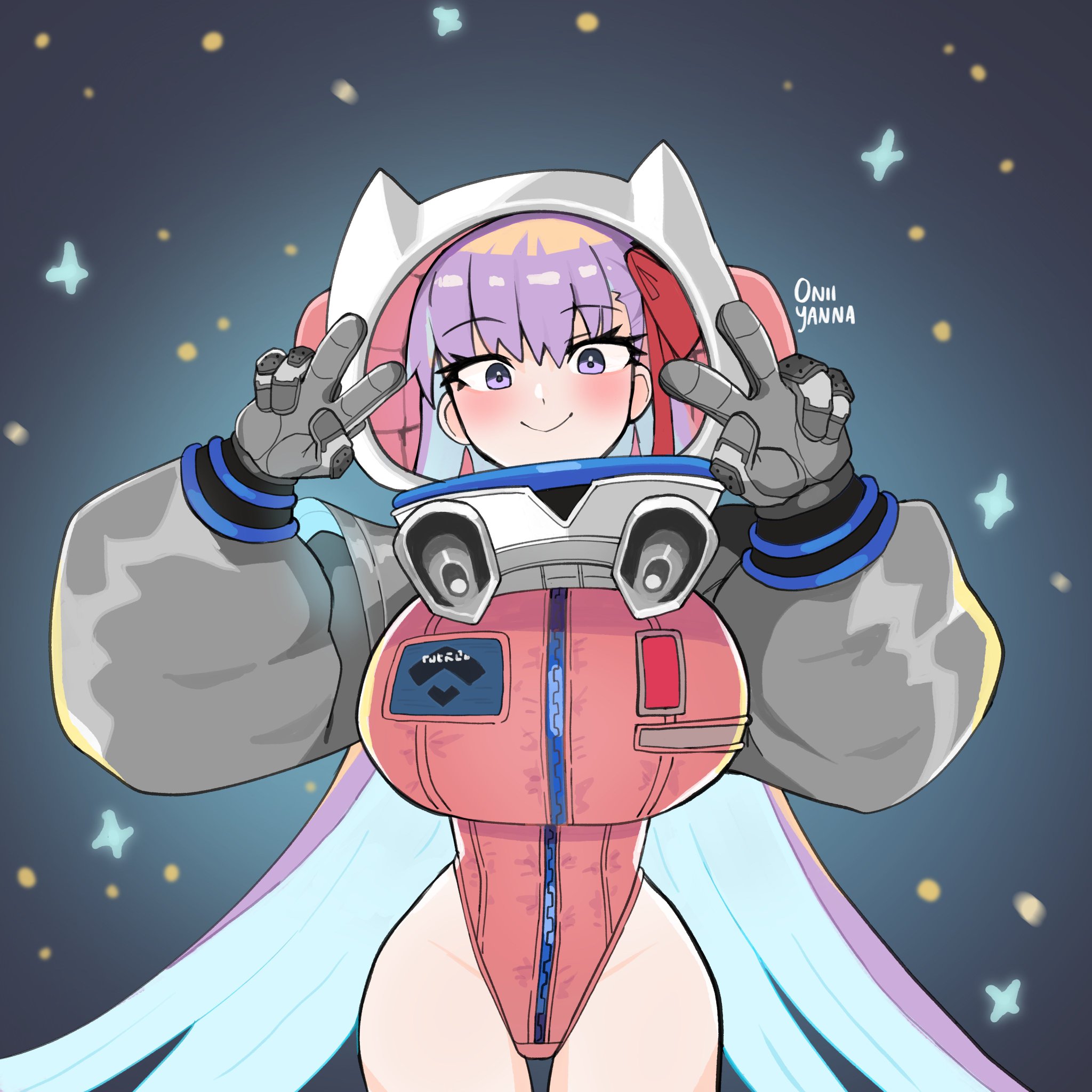 oniyanna, bb (fate), bb cosmo (fate), fate/grand order, fate (series), highres, 1girl, animal ear helmet, animal ears helmet, animal helmet, artist name, bare legs, blush, breasts, cat helmet, cowboy shot, dot nose, double v, floating, full-length zipper, hair ribbon, hands up, helmet, huge breasts, long hair, looking at viewer, purple eyes, purple hair, ribbon, smile, space, space helmet, spacesuit, v, very long hair, wide sleeves, zipper