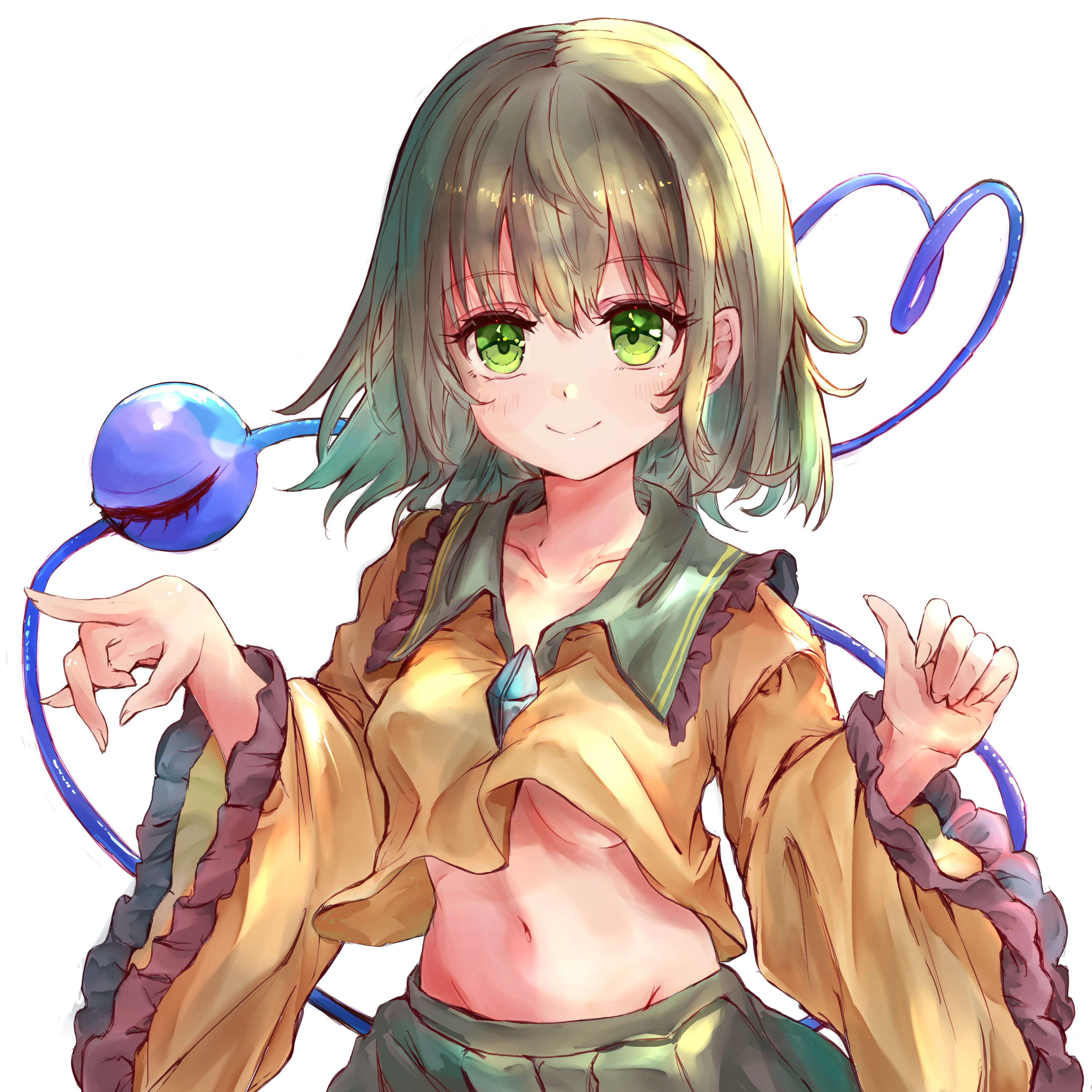 ikazuchi akira, komeiji koishi, touhou, absurdres, highres, 1girl, crop top, frilled sleeves, frills, gem, green eyes, green hair, midriff, shirt, short hair, smile, solo, third eye, yellow shirt