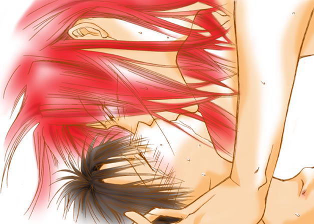 cho hakkai, sha gojou, sha gojyo, saiyuki, non-web source, 2boys, brown hair, kiss, male focus, multiple boys, red hair, yaoi