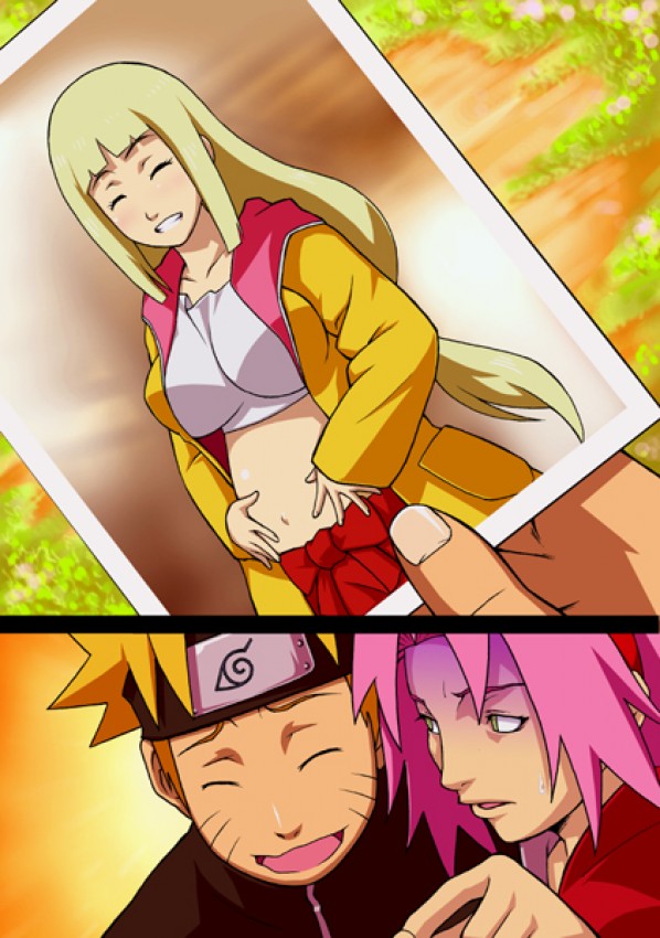 sahara wataru, haruno sakura, shion (naruto), uzumaki naruto, naruto: the movie, naruto (series), naruto shippuuden, naruto shippuuden kizuna, resized, 1boy, 2girls, blonde hair, breasts, closed eyes, crop top, grin, happy, headband, jacket, large breasts, long hair, midriff, multiple girls, nervous, photo (object), pink hair, pointing, pregnant, smile, turn pale