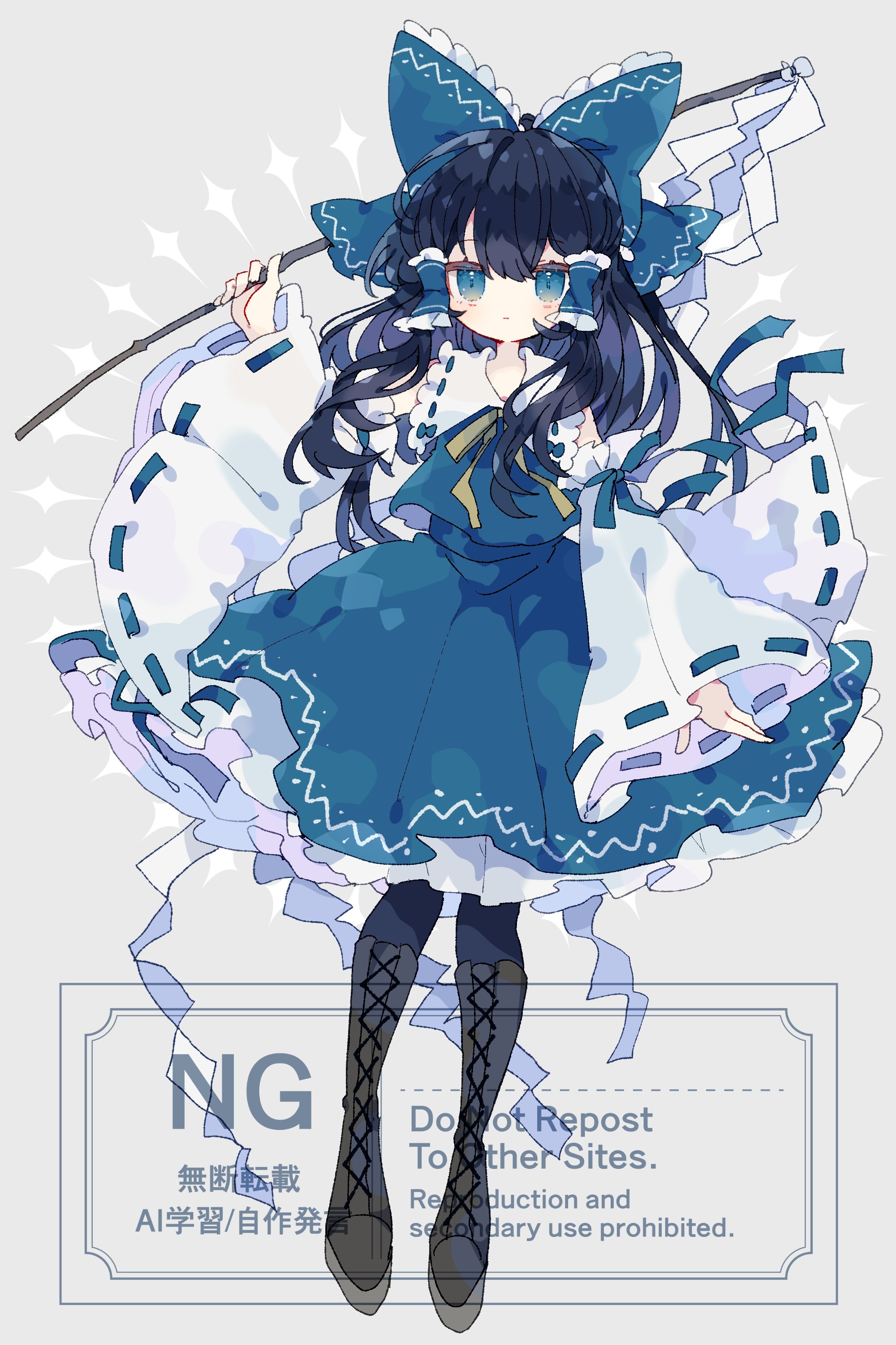 nikorashi-ka, hakurei reimu, touhou, absurdres, highres, 1girl, black hair, blue dress, blue eyes, dress, frilled dress, frills, gohei, hair ribbon, ribbon