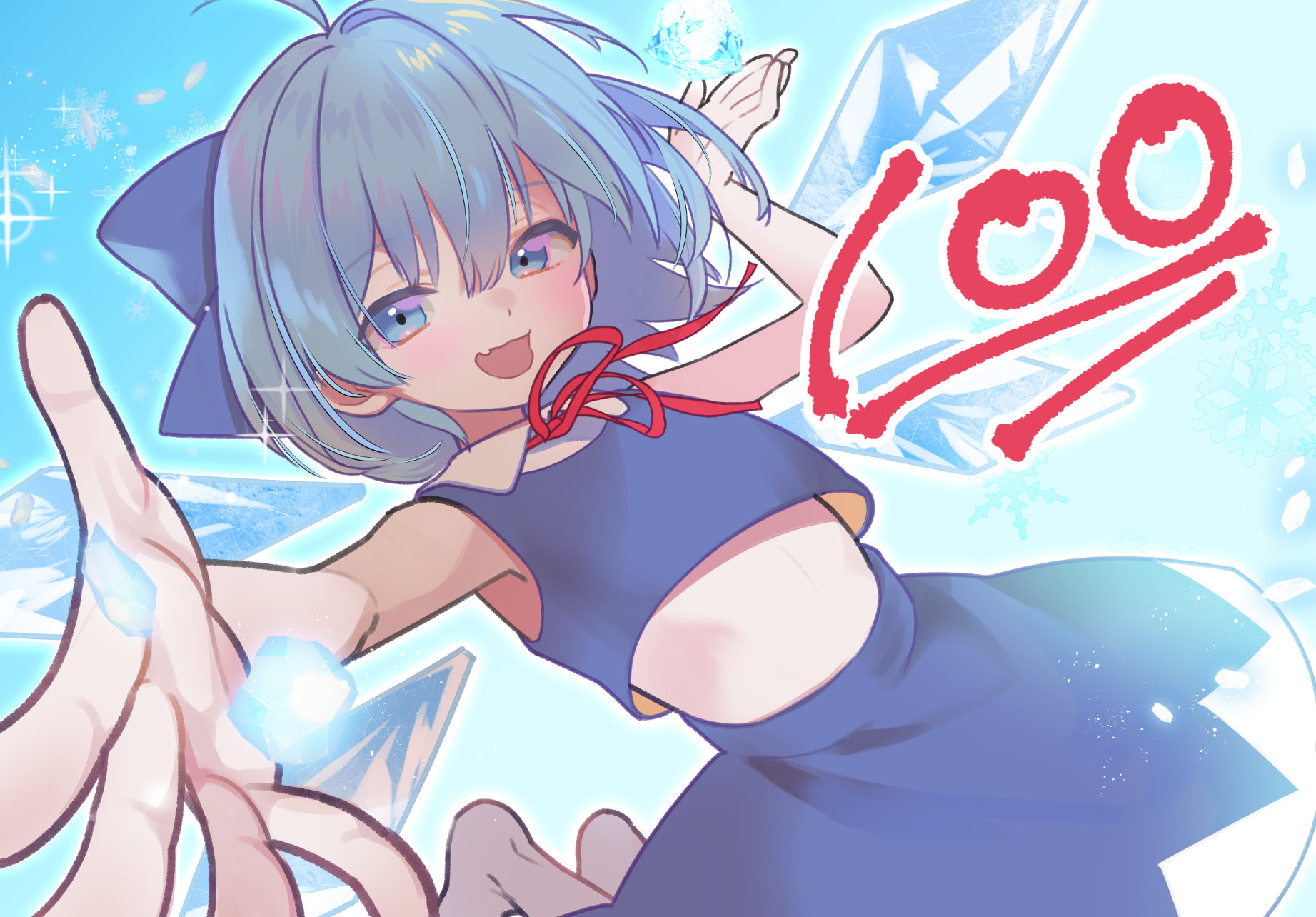 lily-an, cirno, touhou, highres, 1girl, blue dress, blue eyes, blue hair, bow, dress, ice, ice wings, open mouth, short hair, sleeveless, smile, snowflakes, solo, wings